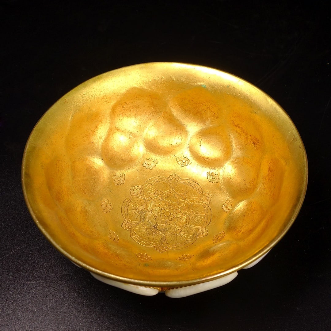 Vintage Chinese Gilt Gold Copper Inlay Jade Bowl - 9
