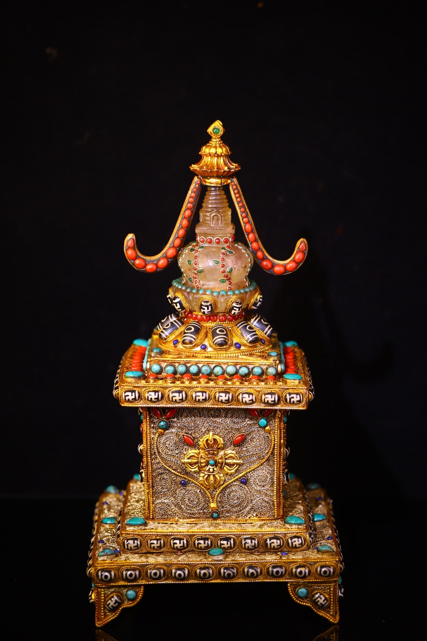Exquisite Tibetan Silver Wires Inlay Crystal & Turquoise & DZI Agate & Gems Pagoda (1 of 9)
