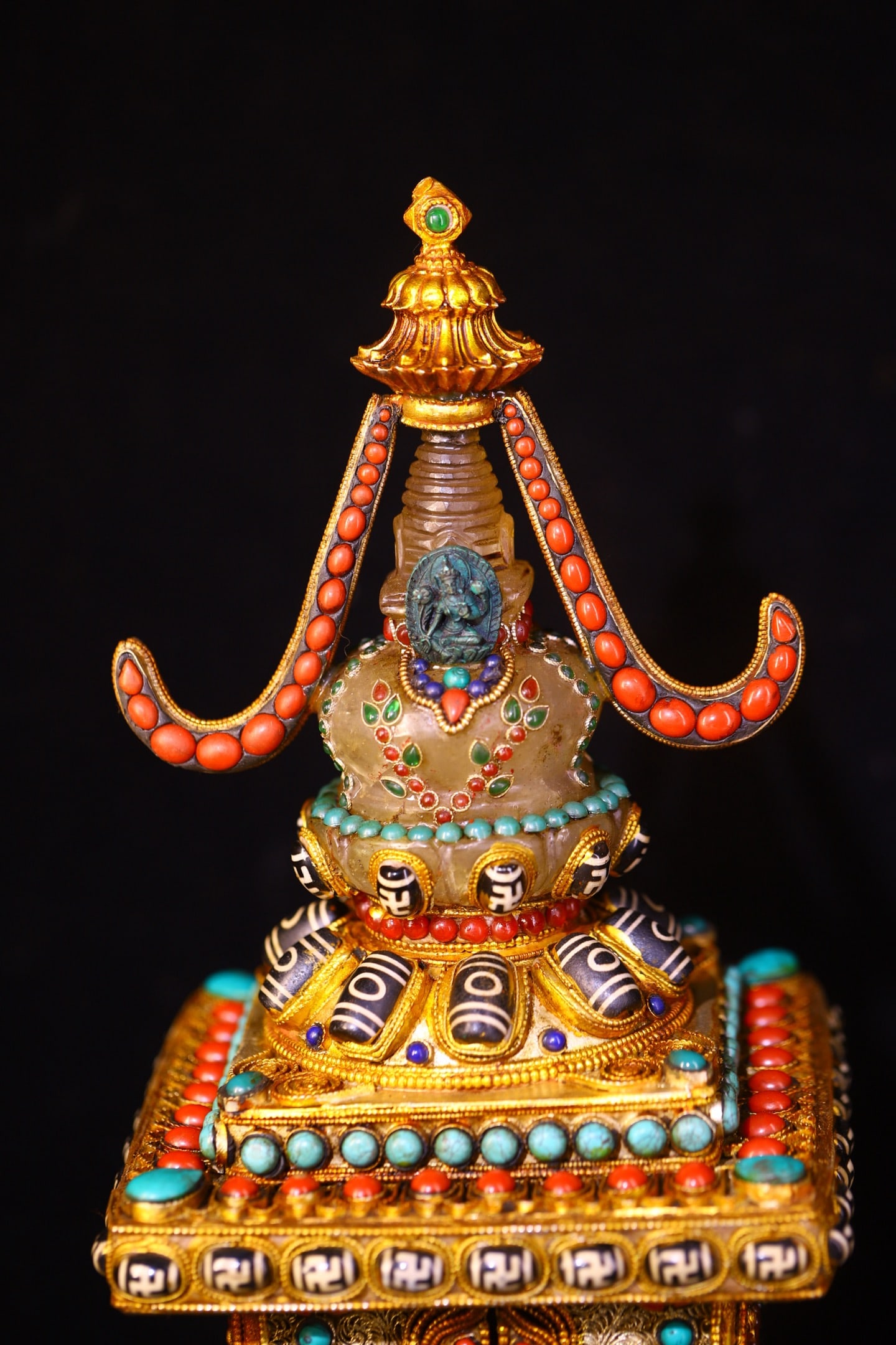 Exquisite Tibetan Silver Wires Inlay Crystal & Turquoise & DZI Agate & Gems Pagoda - 2