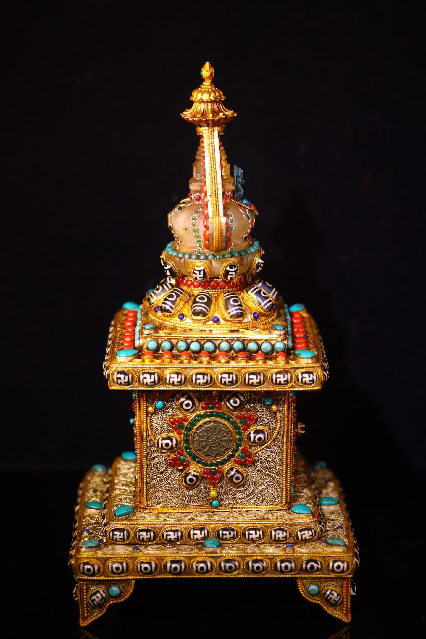 Exquisite Tibetan Silver Wires Inlay Crystal & Turquoise & DZI Agate & Gems Pagoda - 3