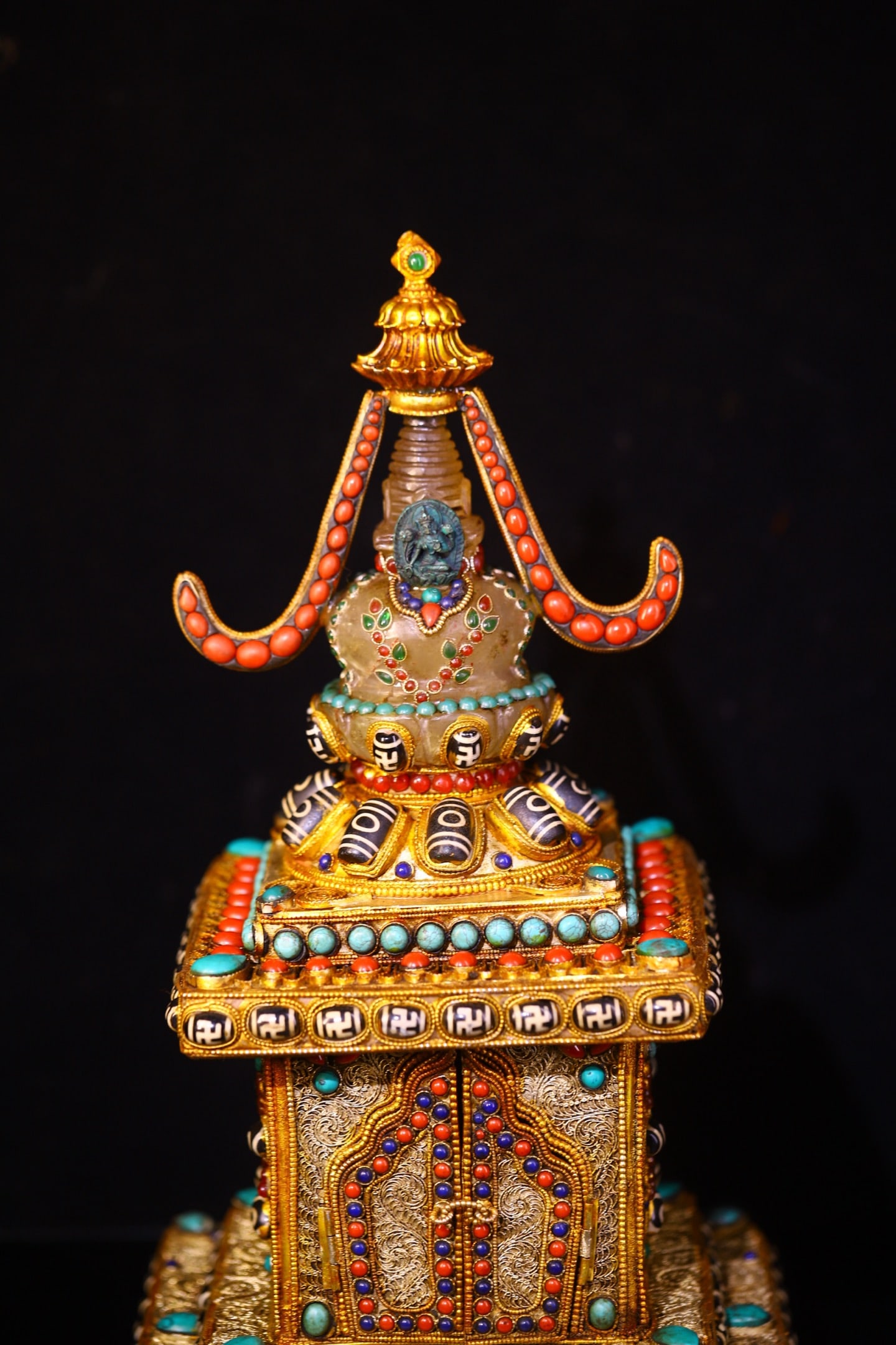 Exquisite Tibetan Silver Wires Inlay Crystal & Turquoise & DZI Agate & Gems Pagoda - 4