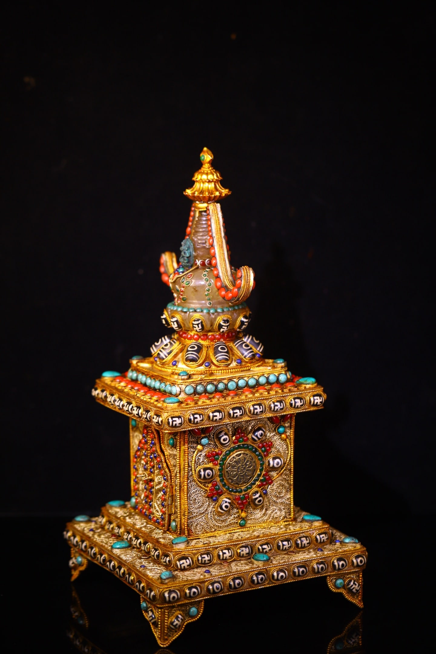 Exquisite Tibetan Silver Wires Inlay Crystal & Turquoise & DZI Agate & Gems Pagoda - 5