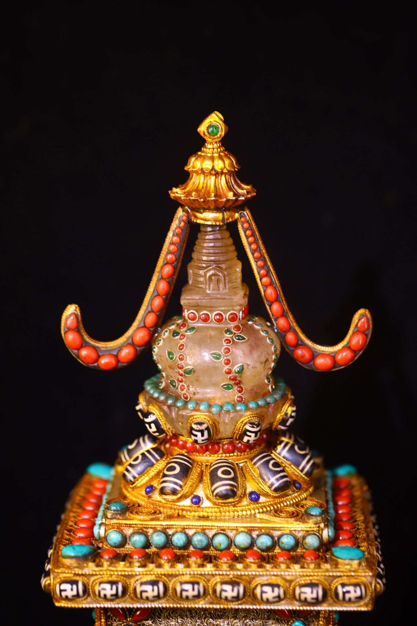 Exquisite Tibetan Silver Wires Inlay Crystal & Turquoise & DZI Agate & Gems Pagoda - 7