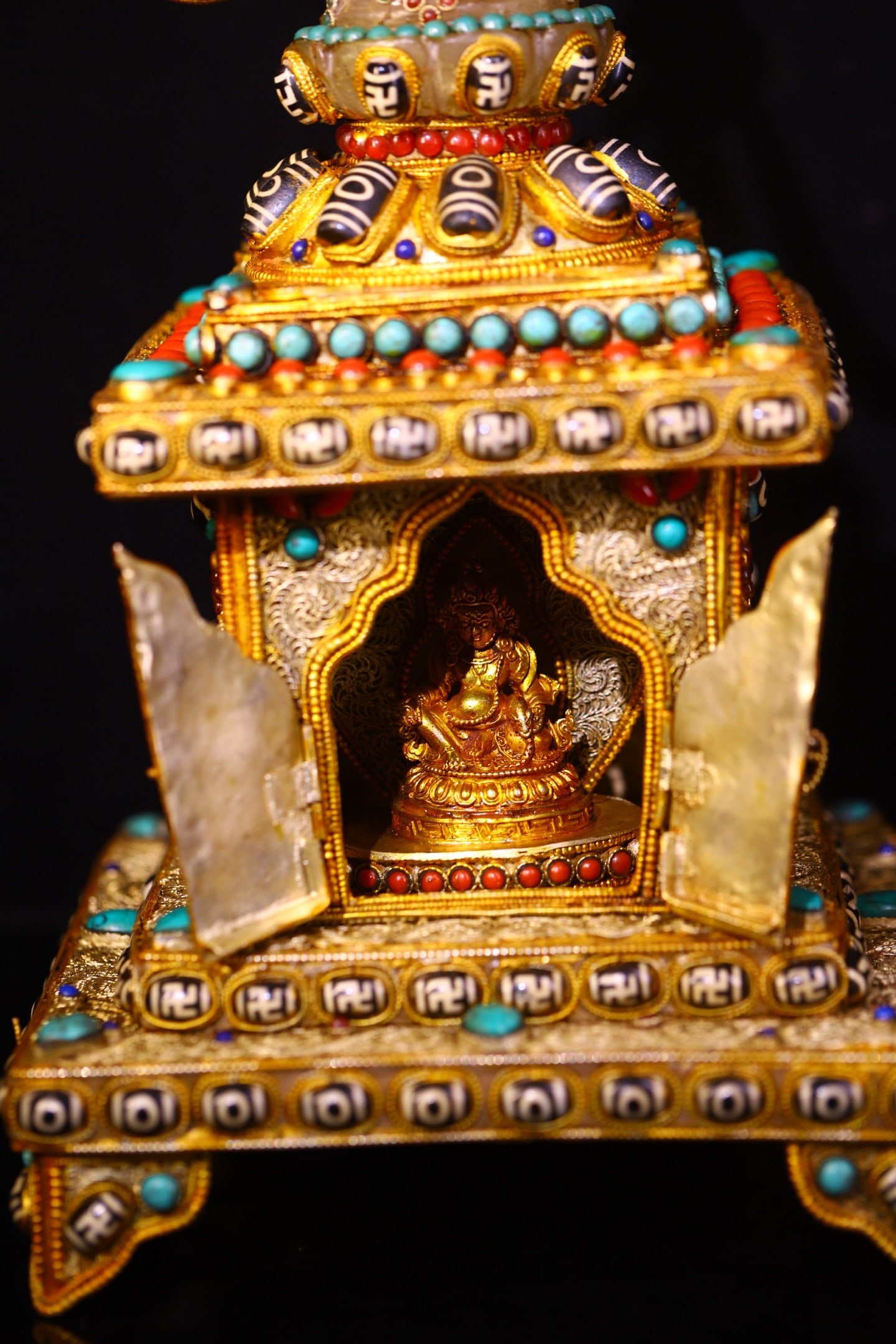 Exquisite Tibetan Silver Wires Inlay Crystal & Turquoise & DZI Agate & Gems Pagoda - 8