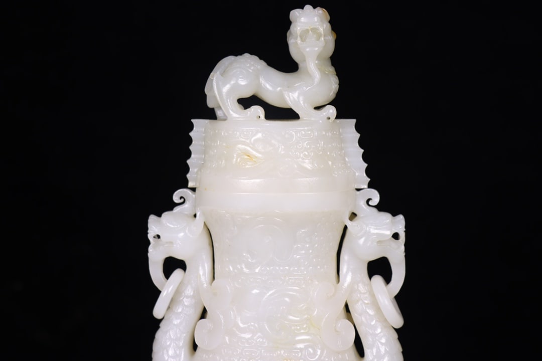 A Pair High Quality Chinese White Hetian Jade Carved Fortune Dragon Vases - 7