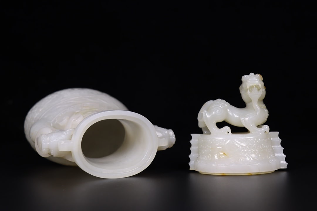 A Pair High Quality Chinese White Hetian Jade Carved Fortune Dragon Vases - 9