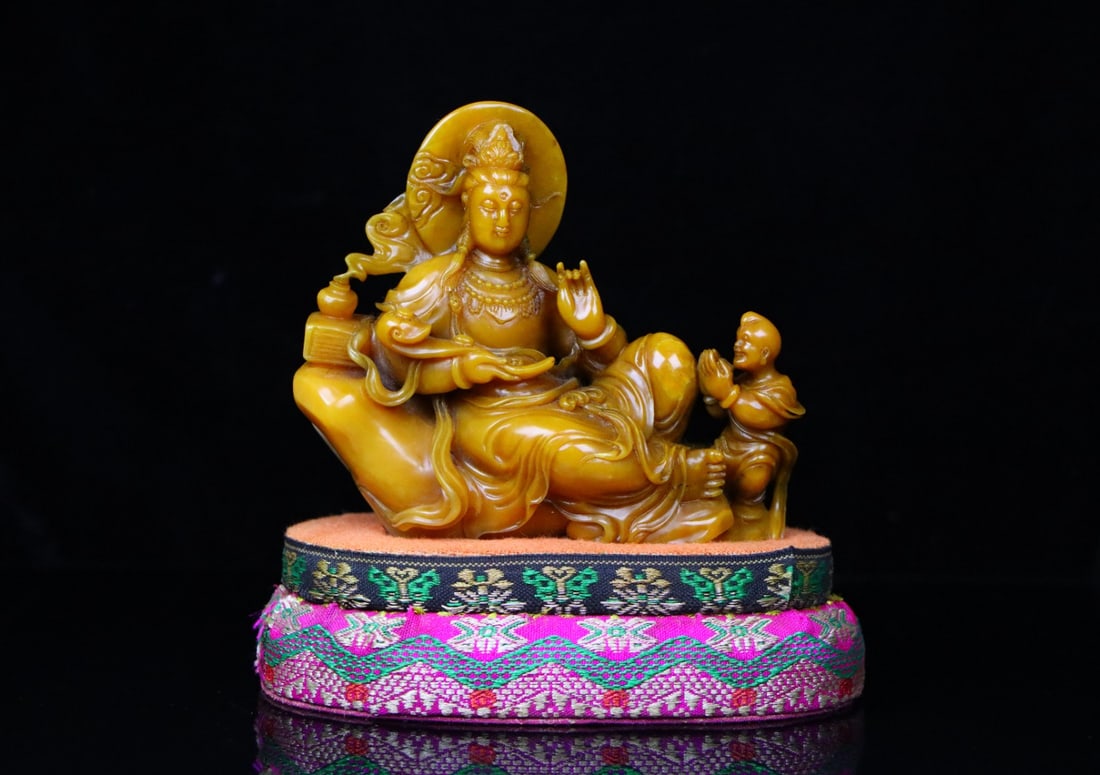 Vintage Chinese Tianhuang Stone Hand Carved Kwan-yin & Kid Statue (1 of 9)