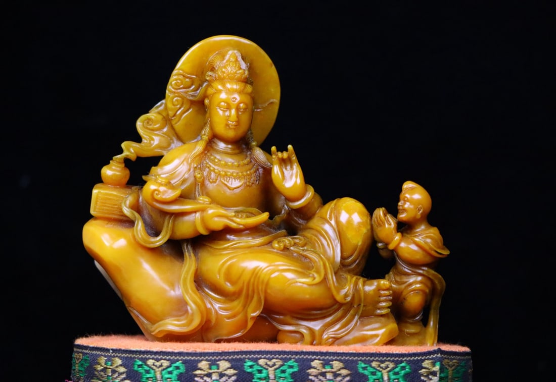 Vintage Chinese Tianhuang Stone Hand Carved Kwan-yin & Kid Statue - 2