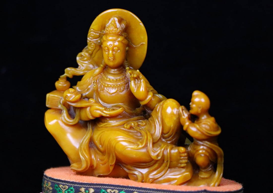 Vintage Chinese Tianhuang Stone Hand Carved Kwan-yin & Kid Statue - 3