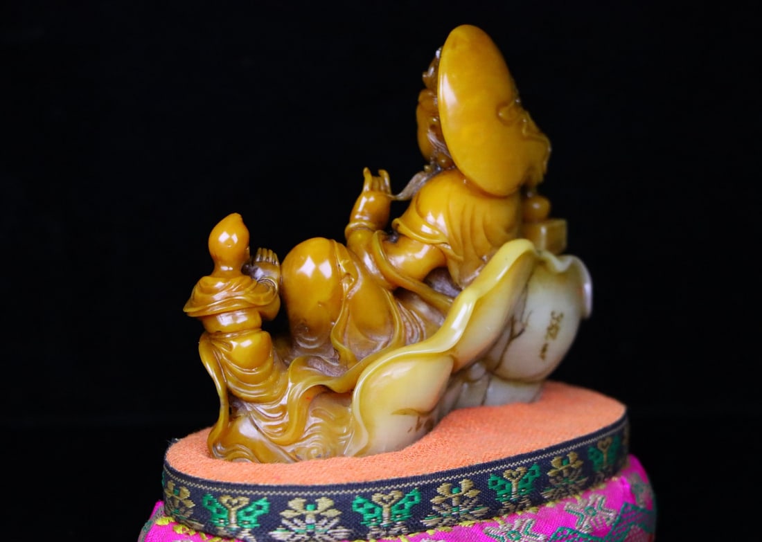 Vintage Chinese Tianhuang Stone Hand Carved Kwan-yin & Kid Statue - 7