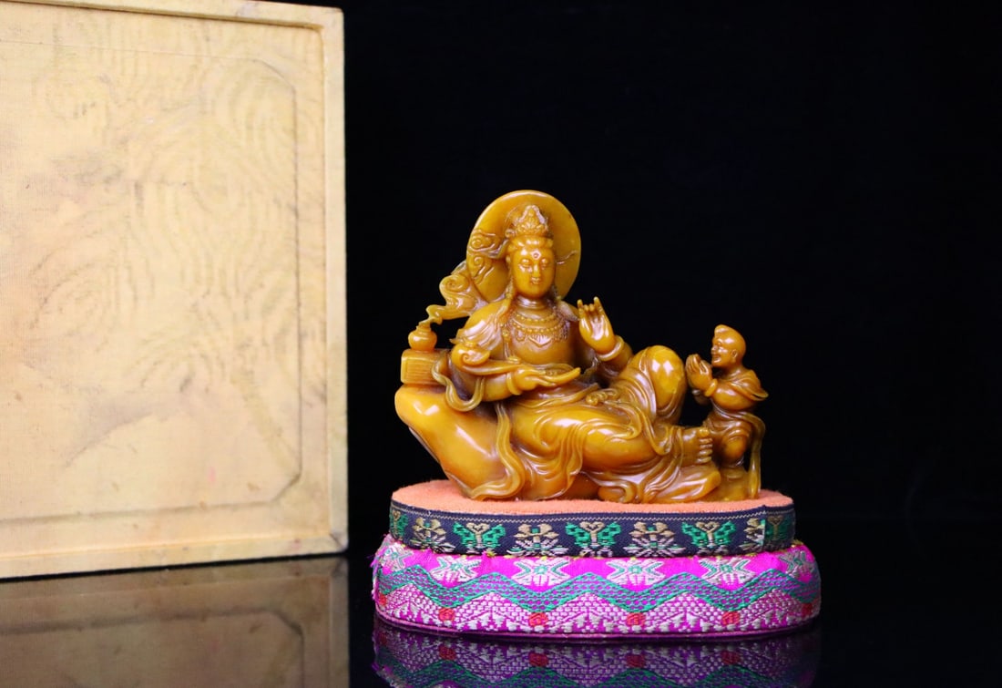 Vintage Chinese Tianhuang Stone Hand Carved Kwan-yin & Kid Statue - 9