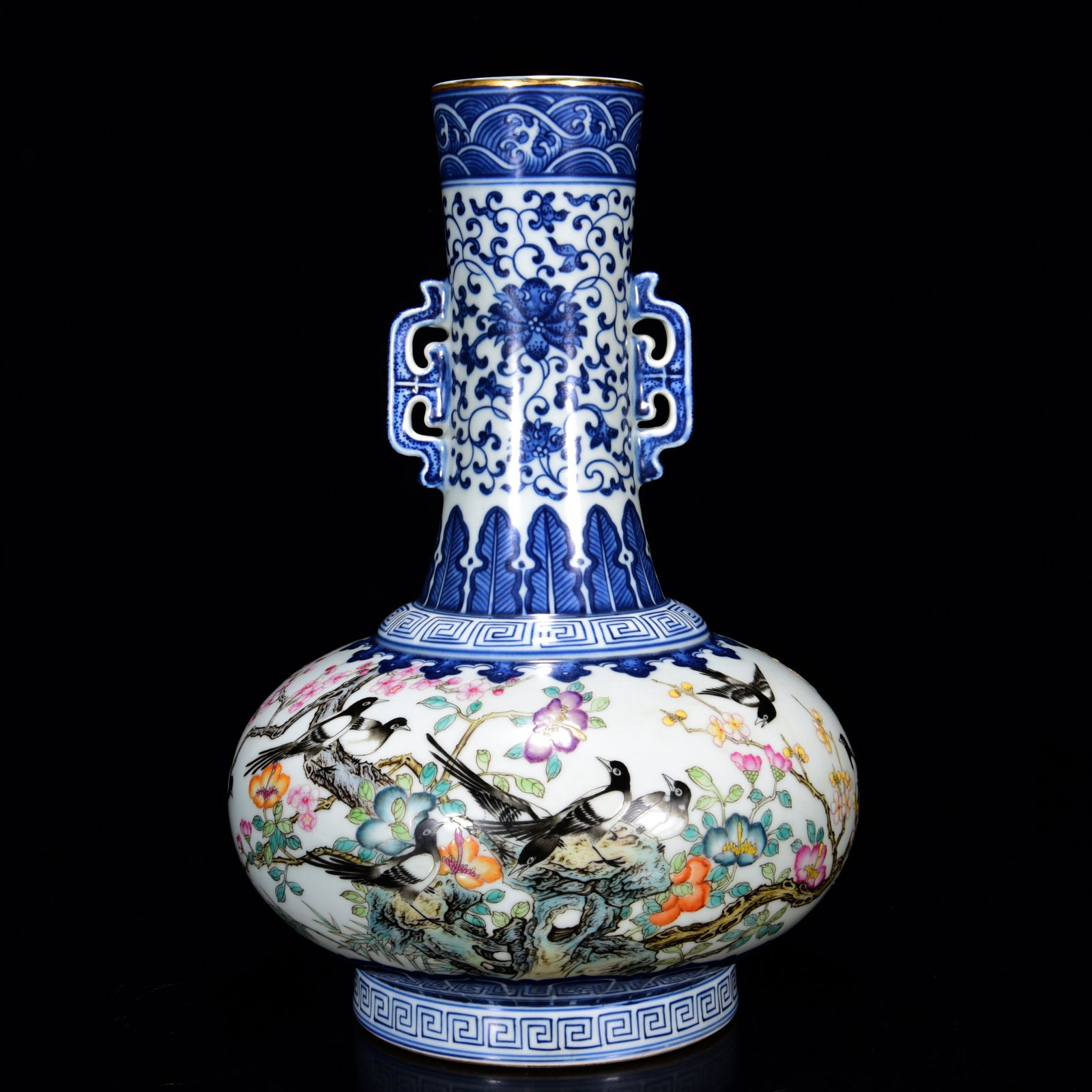 Chinese Qing Dynasty Famille Rose+Blue And White Porcelain Flowers Bird Vase (1 of 9)