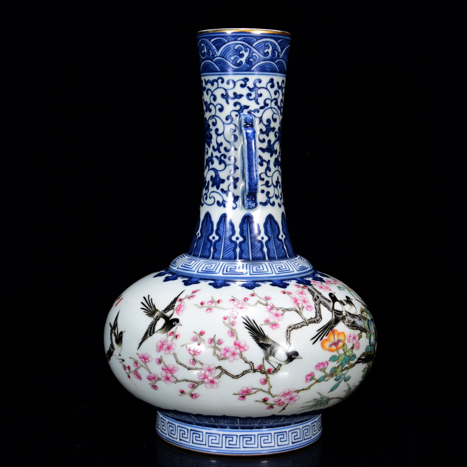 Chinese Qing Dynasty Famille Rose+Blue And White Porcelain Flowers Bird Vase - 2