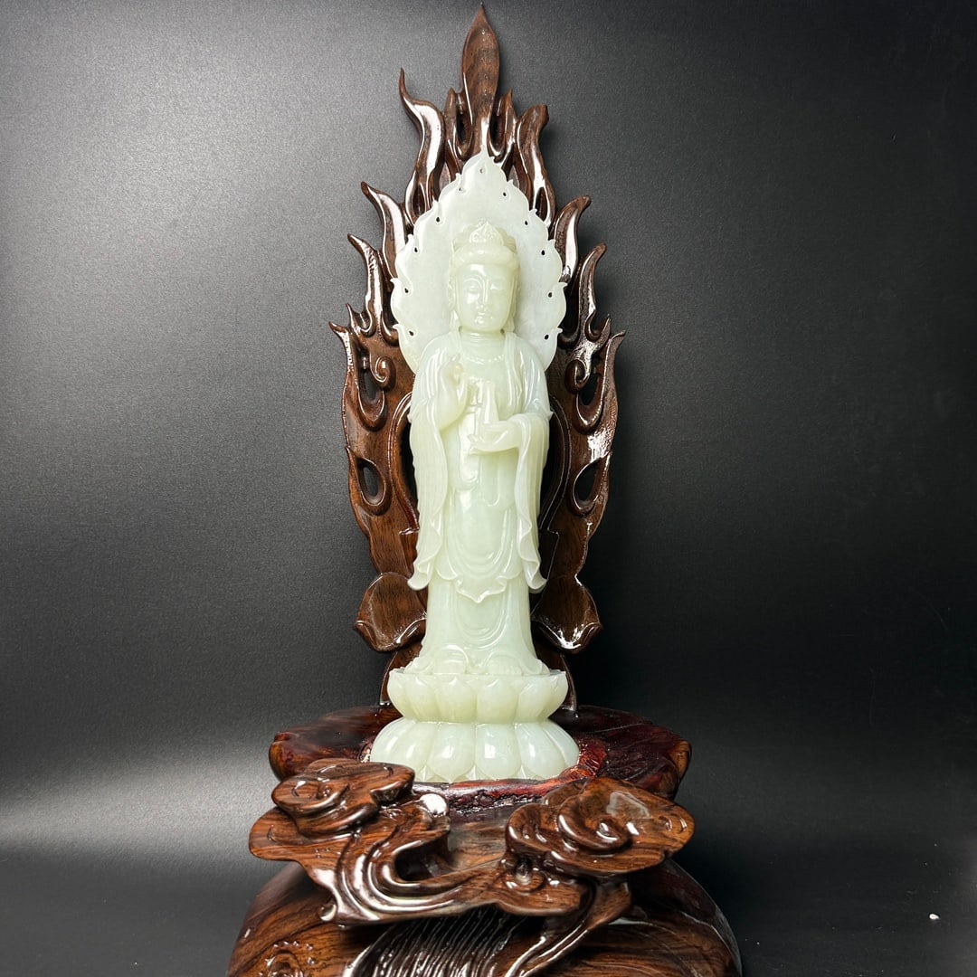 Superb Chinese Hetian Jade Carved Kwna-yin Statue w Zitan Wood Base (1 of 9)