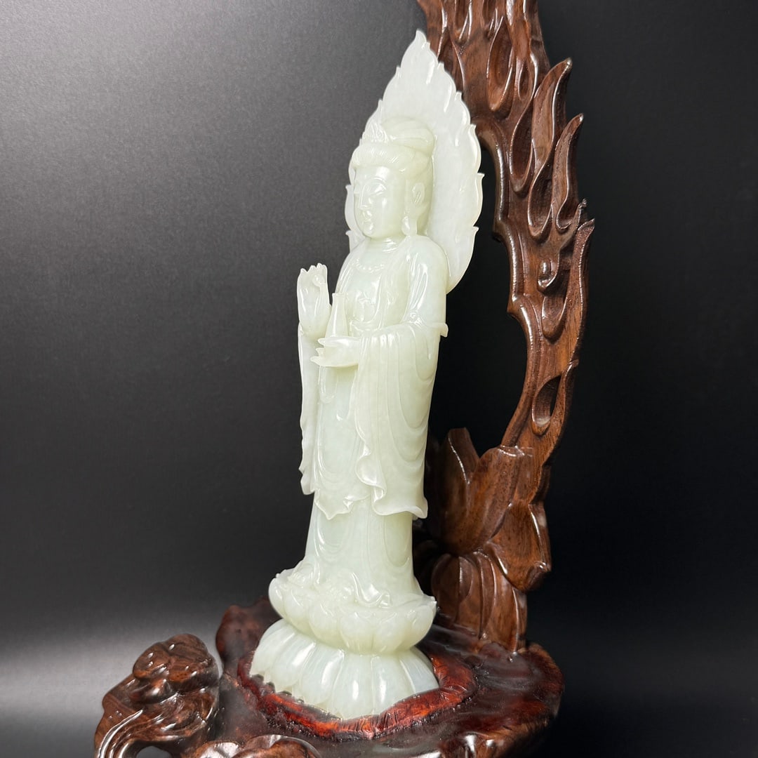Superb Chinese Hetian Jade Carved Kwna-yin Statue w Zitan Wood Base - 3