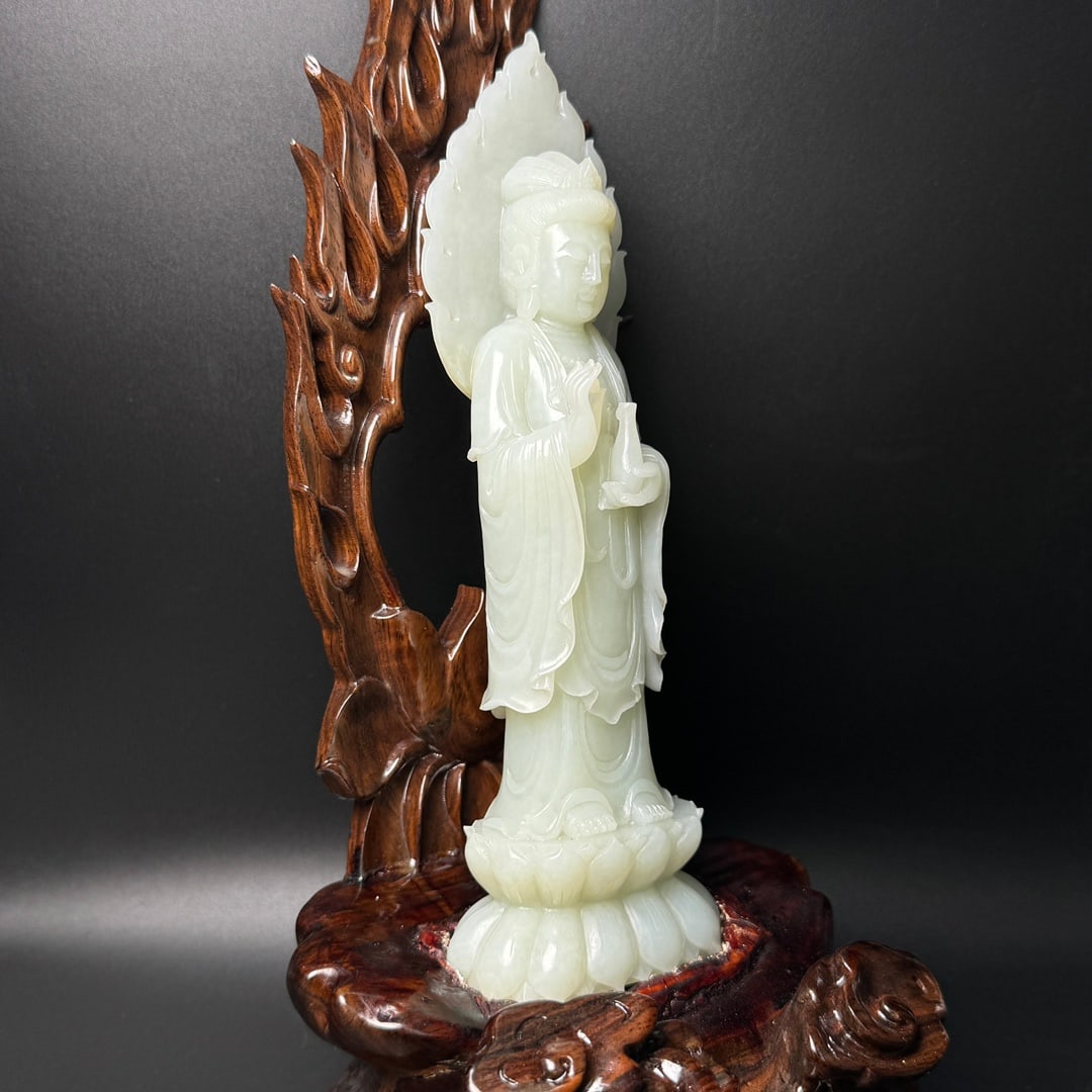 Superb Chinese Hetian Jade Carved Kwna-yin Statue w Zitan Wood Base - 4