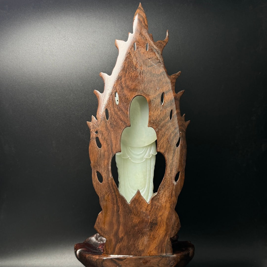Superb Chinese Hetian Jade Carved Kwna-yin Statue w Zitan Wood Base - 5