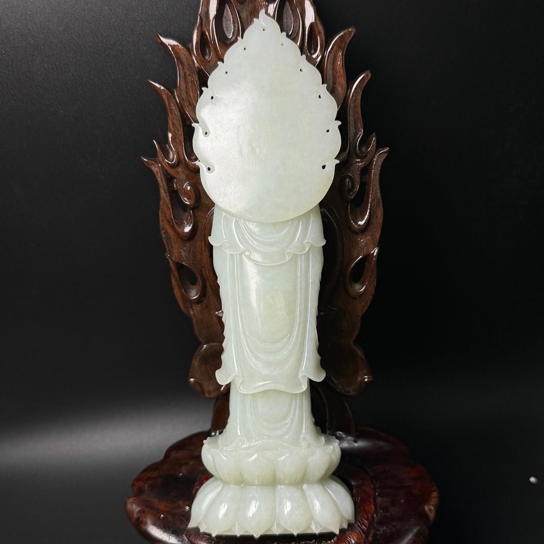 Superb Chinese Hetian Jade Carved Kwna-yin Statue w Zitan Wood Base - 6
