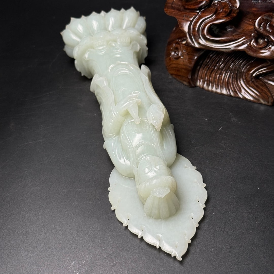 Superb Chinese Hetian Jade Carved Kwna-yin Statue w Zitan Wood Base - 7