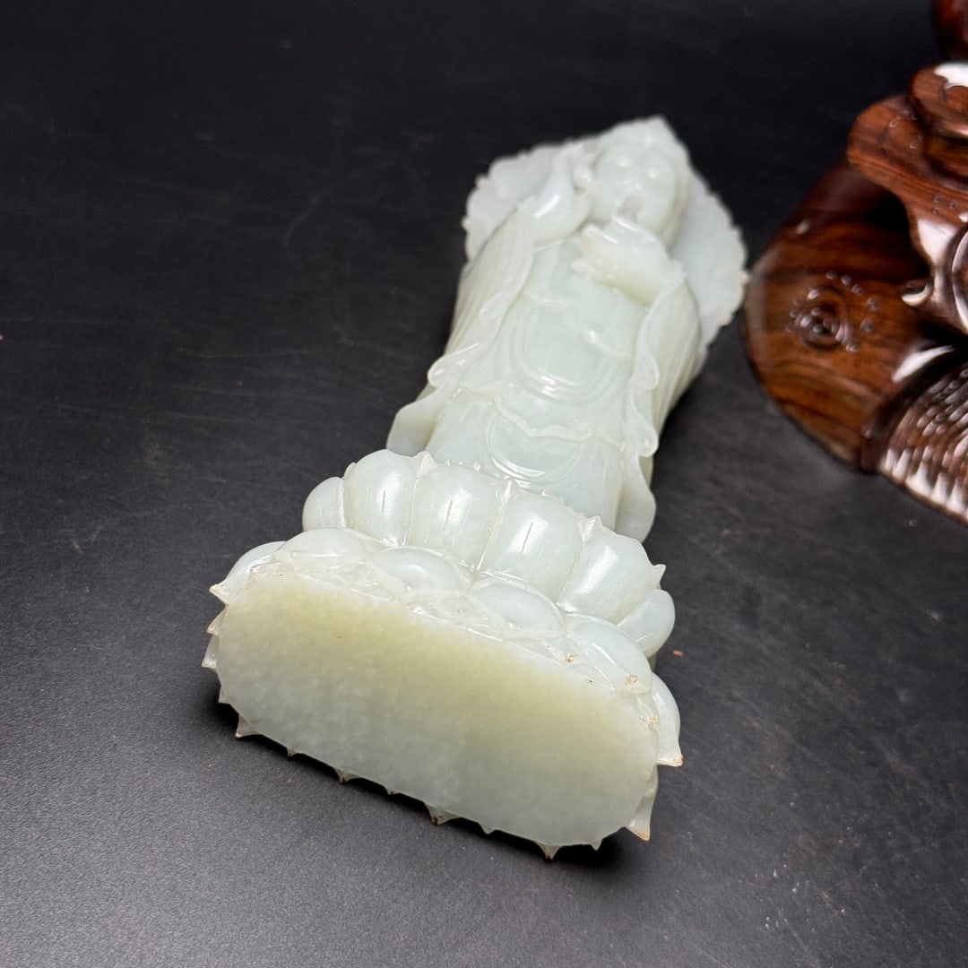 Superb Chinese Hetian Jade Carved Kwna-yin Statue w Zitan Wood Base - 8