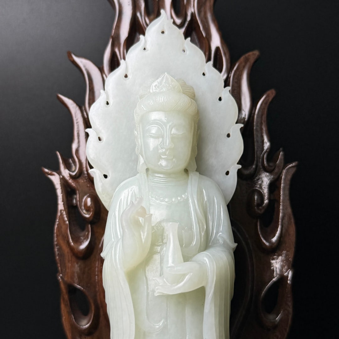 Superb Chinese Hetian Jade Carved Kwna-yin Statue w Zitan Wood Base - 9