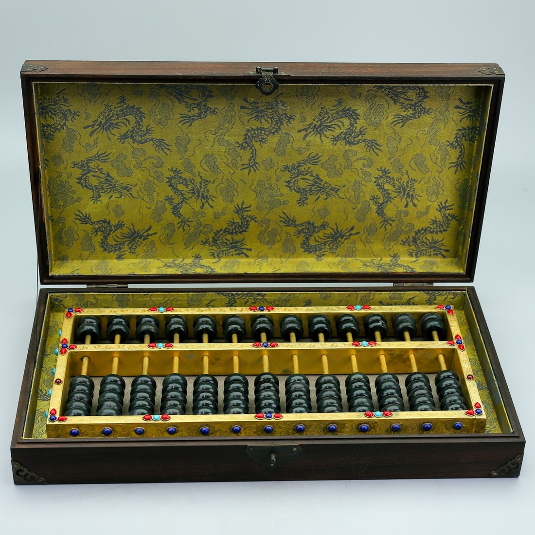 Chinese Gilt Gold Copper Inlay Green Hetian Jade Beads Abacus (1 of 10)