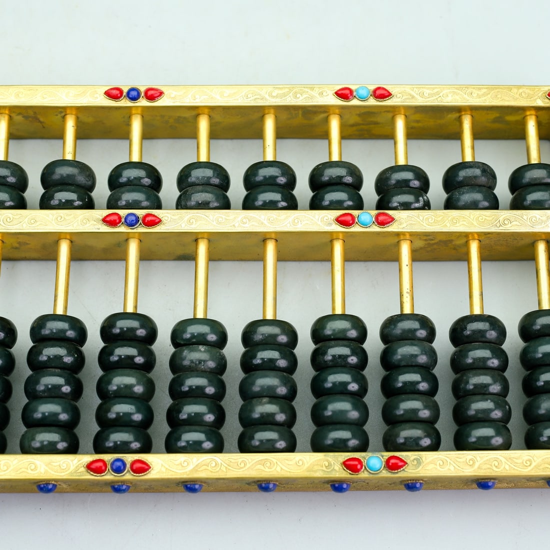 Chinese Gilt Gold Copper Inlay Green Hetian Jade Beads Abacus - 5