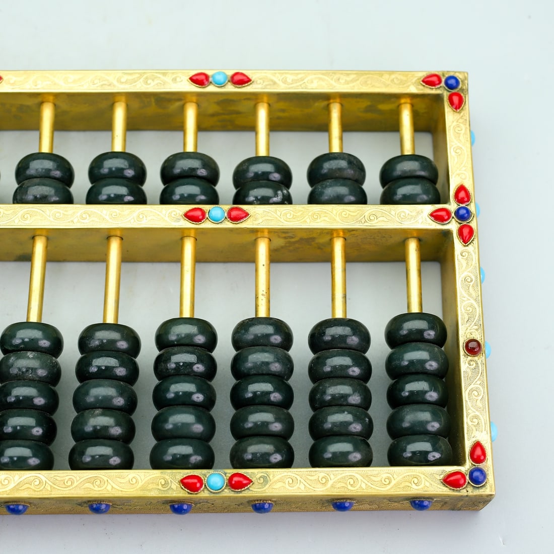 Chinese Gilt Gold Copper Inlay Green Hetian Jade Beads Abacus - 6