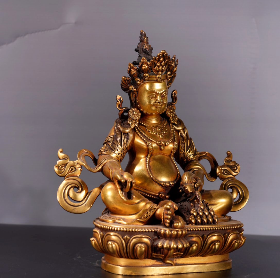 Tibetan Buddhism Gilt Gold Copper Yellow Jambhala Statue - 3