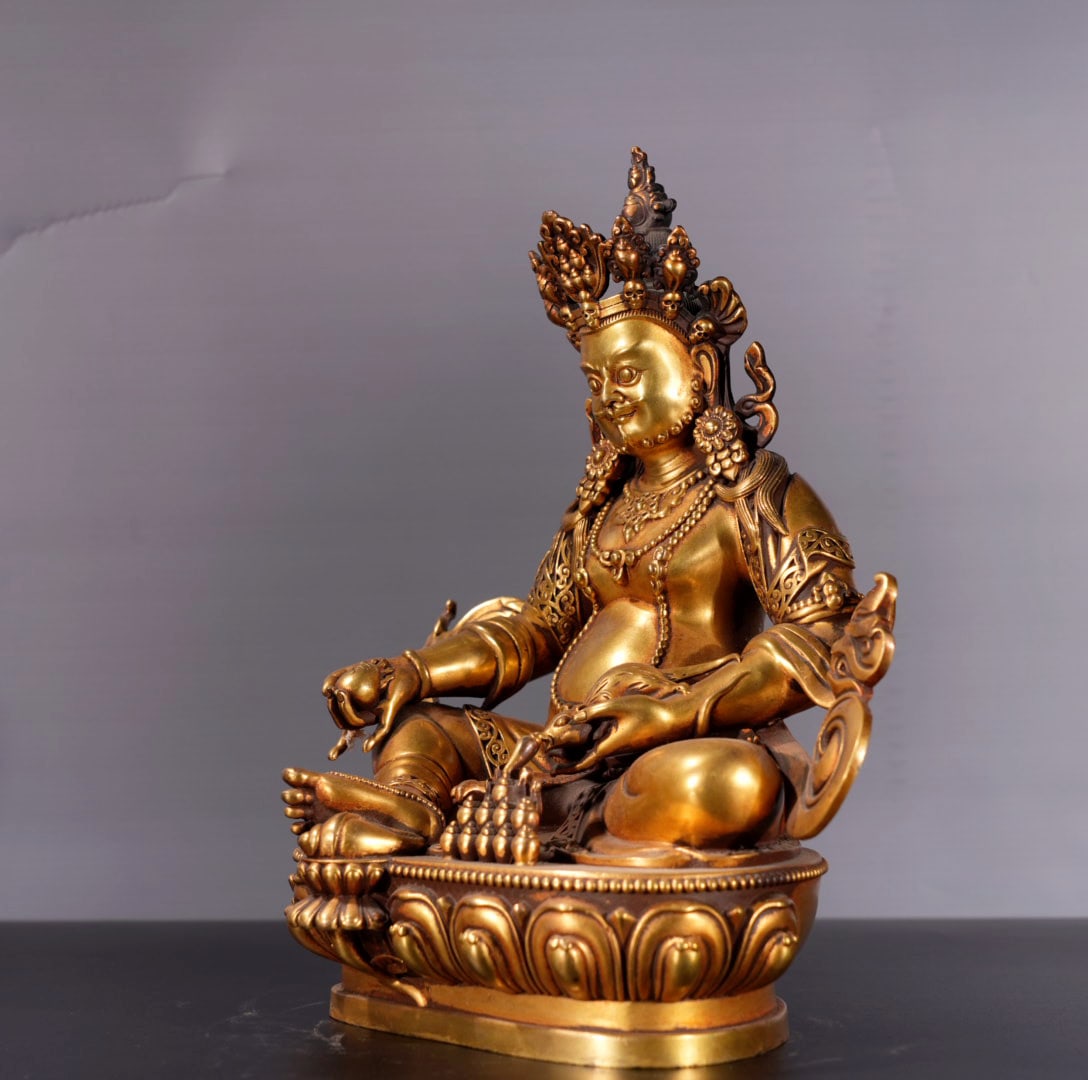 Tibetan Buddhism Gilt Gold Copper Yellow Jambhala Statue - 5