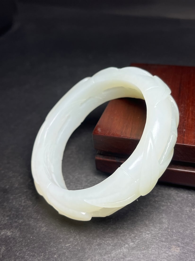 Inside Diameter 60mm Superb Chinese Hetian Jade Fortune Bamboo Bracelet - 6