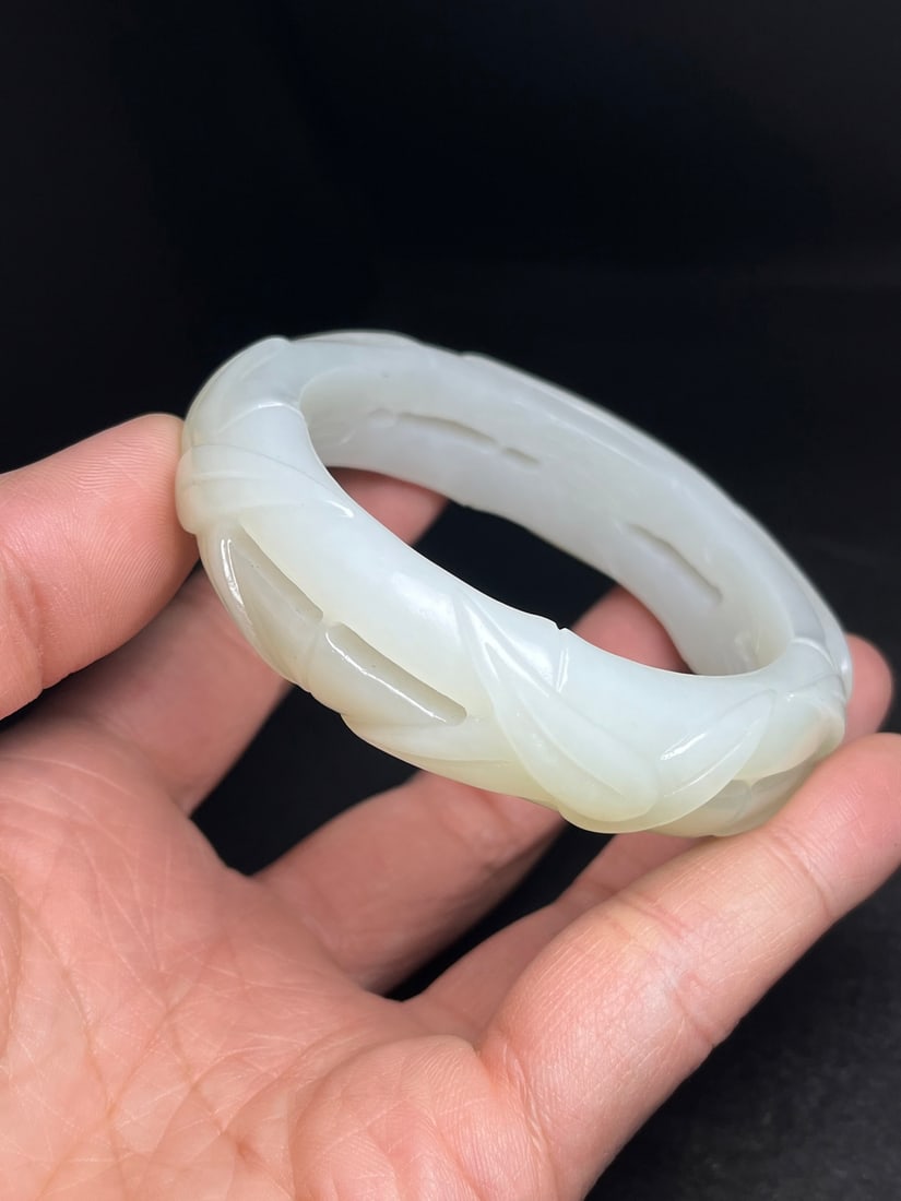 Inside Diameter 60mm Superb Chinese Hetian Jade Fortune Bamboo Bracelet - 9