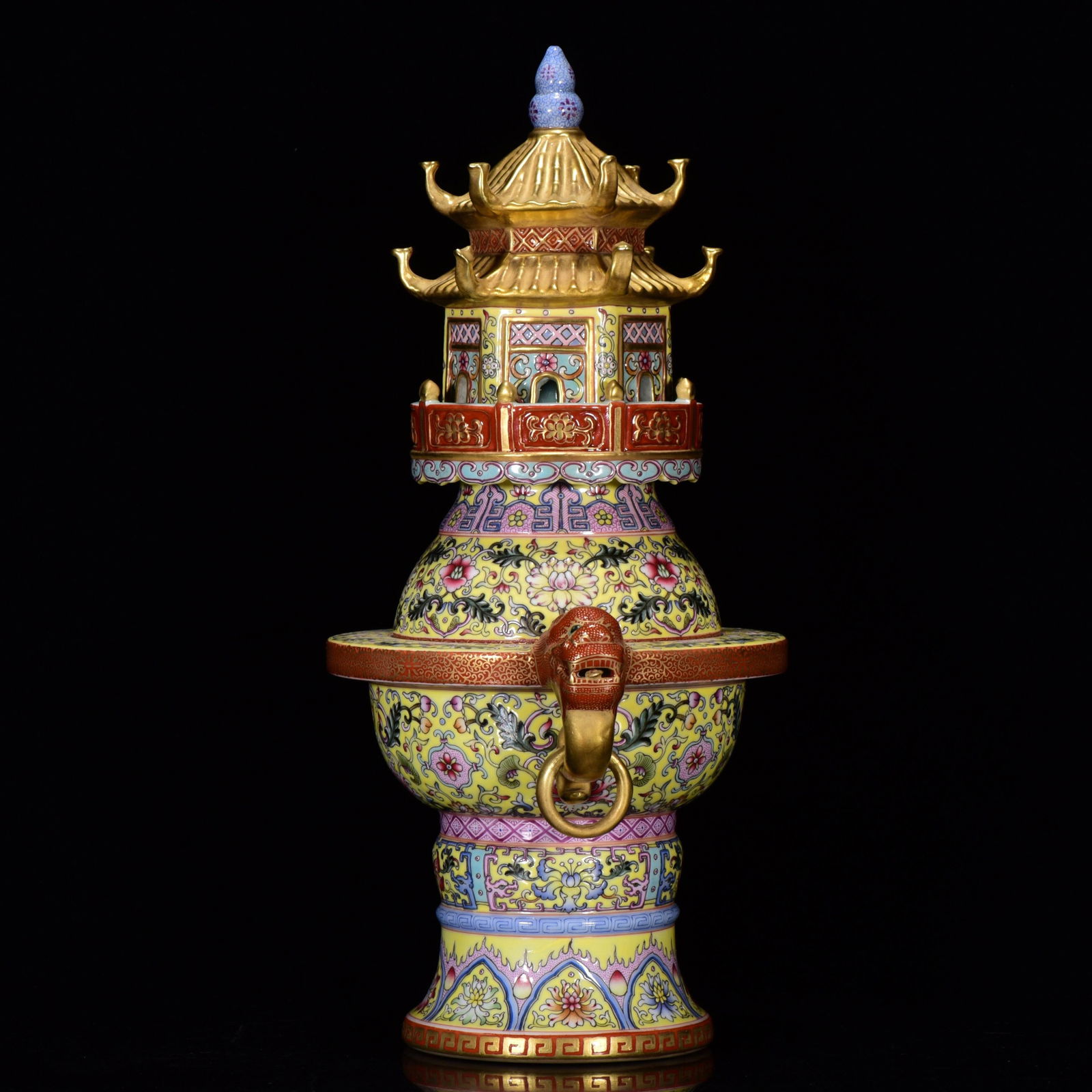 Chinese Gilt Gold Famille Rose Enamel Flowers Design Porcelain Incense Burner - 2