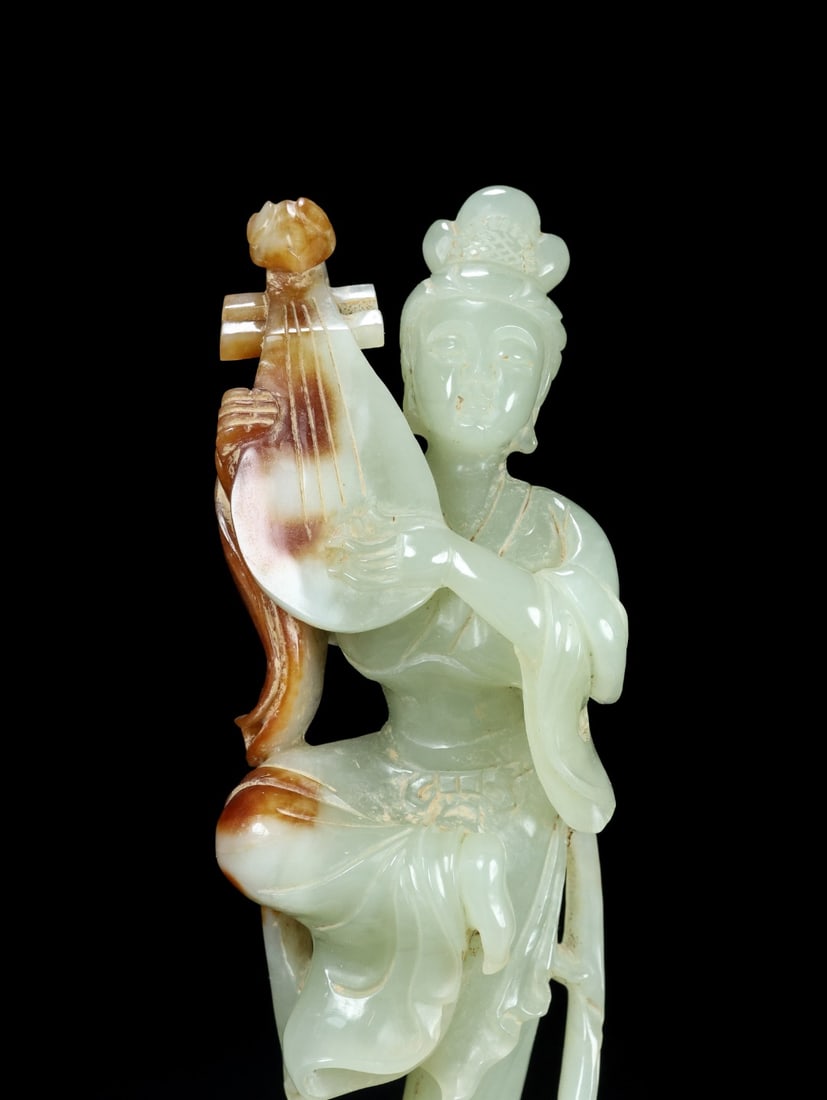 Superb Chinese Hetian Jade Hand Carved Beautiful Woman & Pipa Statue - 2