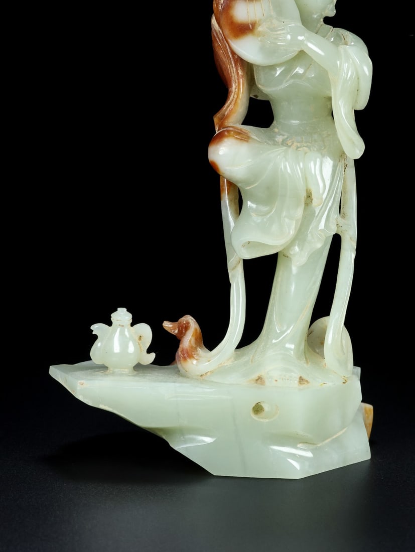 Superb Chinese Hetian Jade Hand Carved Beautiful Woman & Pipa Statue - 3