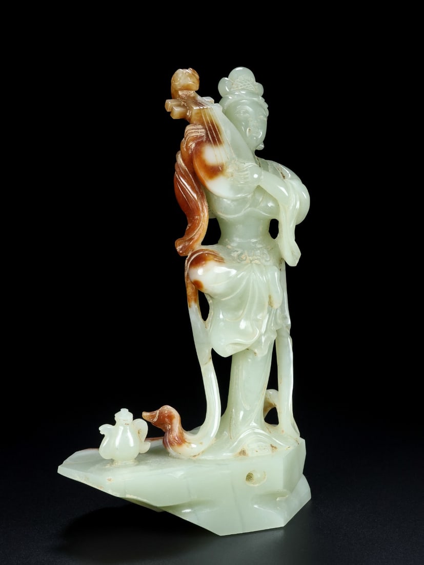 Superb Chinese Hetian Jade Hand Carved Beautiful Woman & Pipa Statue - 4