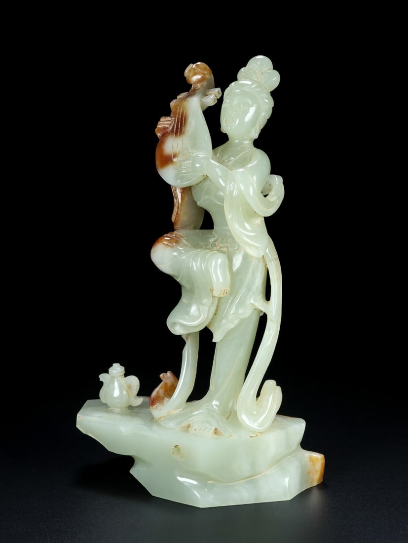 Superb Chinese Hetian Jade Hand Carved Beautiful Woman & Pipa Statue - 5