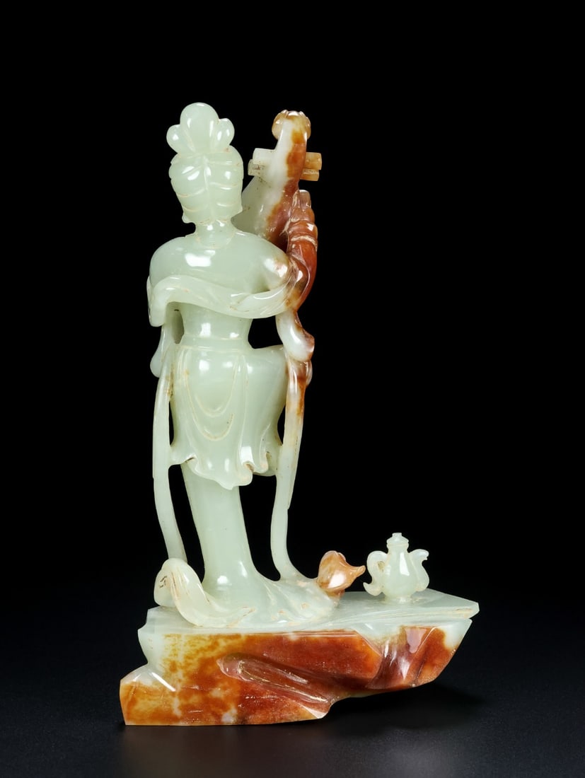 Superb Chinese Hetian Jade Hand Carved Beautiful Woman & Pipa Statue - 7