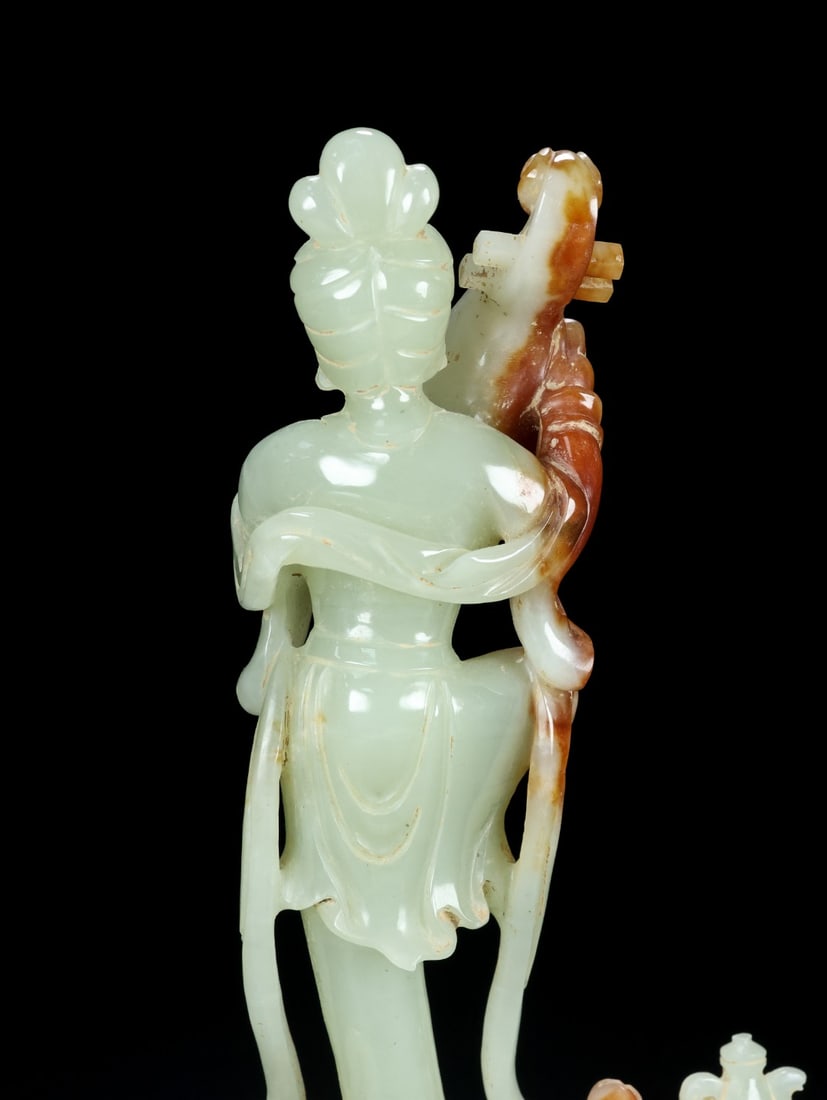 Superb Chinese Hetian Jade Hand Carved Beautiful Woman & Pipa Statue - 8