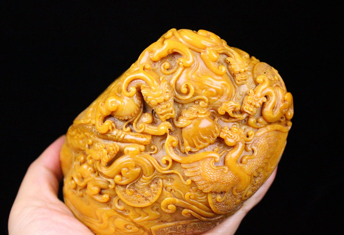 Vintage Chinese Tianhuang Stone Hand Carved Dragon Phoenix Seal Statue - 2