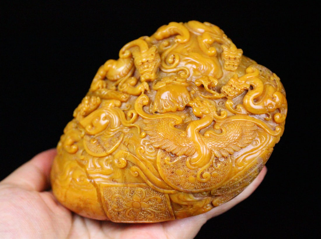 Vintage Chinese Tianhuang Stone Hand Carved Dragon Phoenix Seal Statue - 3