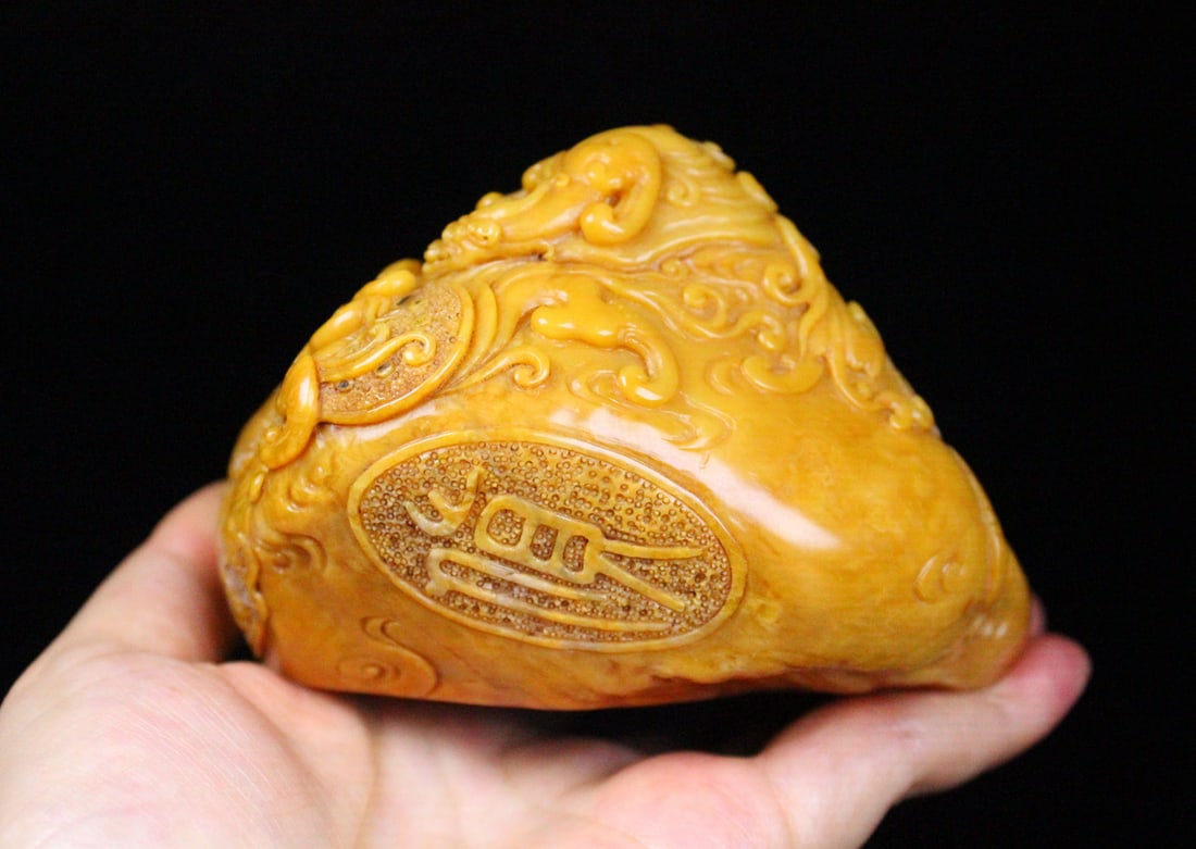 Vintage Chinese Tianhuang Stone Hand Carved Dragon Phoenix Seal Statue - 5