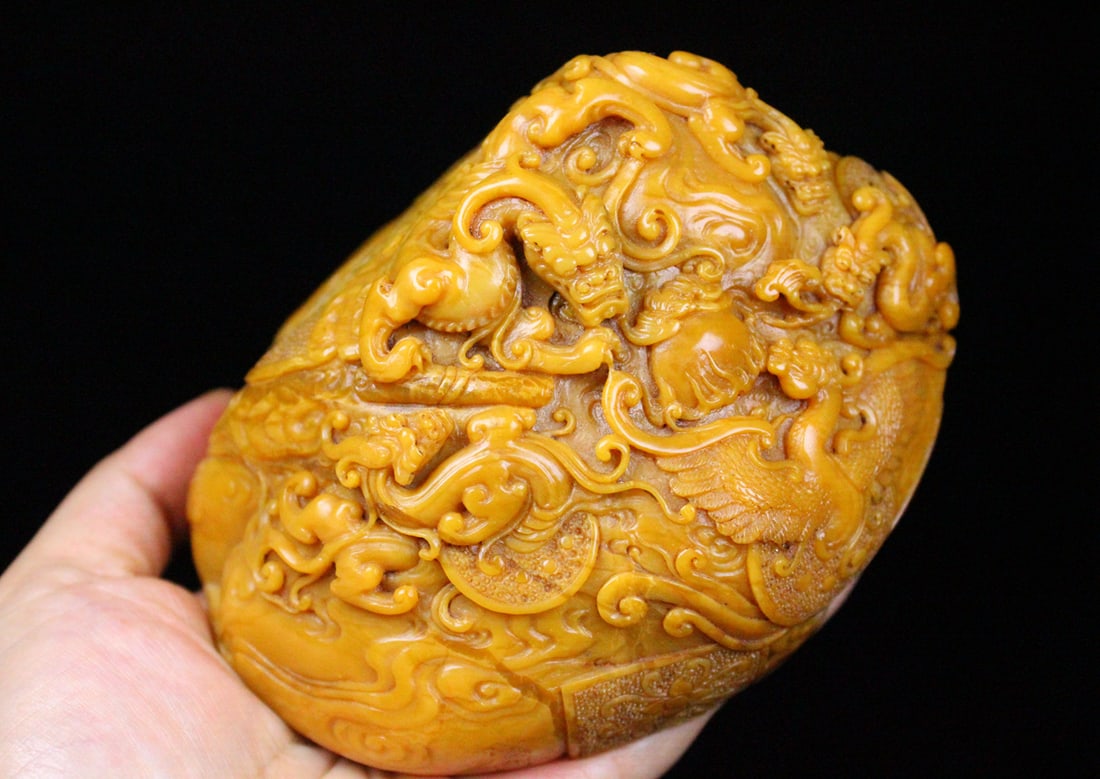 Vintage Chinese Tianhuang Stone Hand Carved Dragon Phoenix Seal Statue - 7