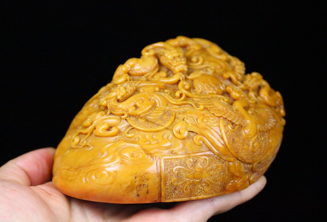 Vintage Chinese Tianhuang Stone Hand Carved Dragon Phoenix Seal Statue - 8