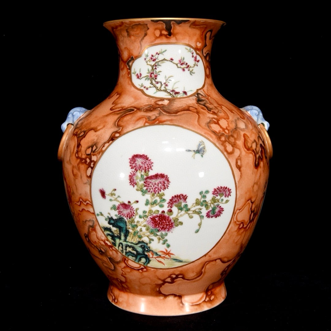 hinese Gilt Edge Red Glaze Wood Grain Glaze Famille Rose Flowers Design Porcelain Vase (1 of 9)