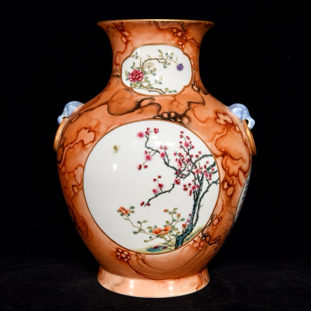 hinese Gilt Edge Red Glaze Wood Grain Glaze Famille Rose Flowers Design Porcelain Vase - 3