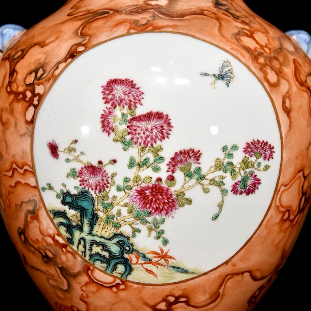 hinese Gilt Edge Red Glaze Wood Grain Glaze Famille Rose Flowers Design Porcelain Vase - 6