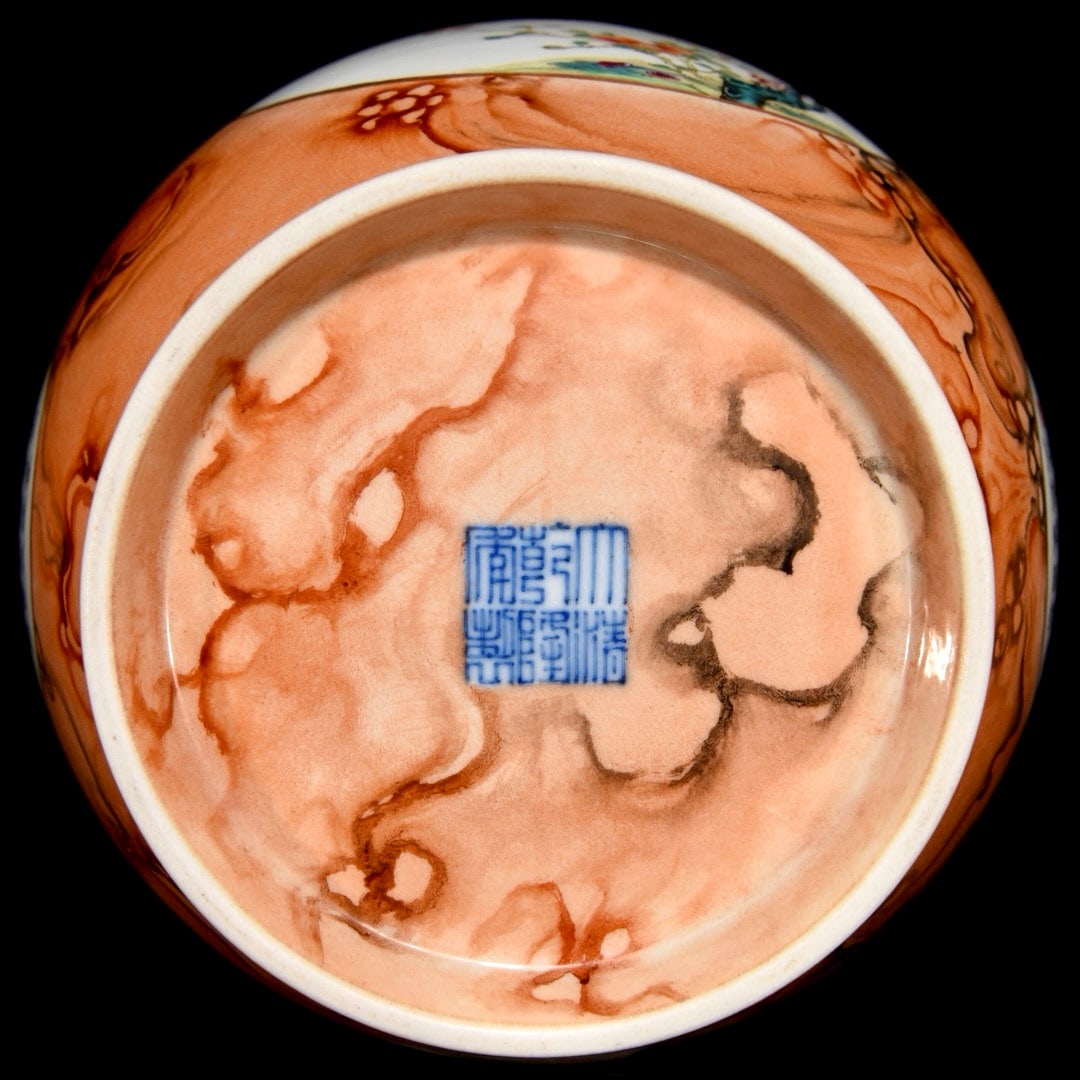 hinese Gilt Edge Red Glaze Wood Grain Glaze Famille Rose Flowers Design Porcelain Vase - 9