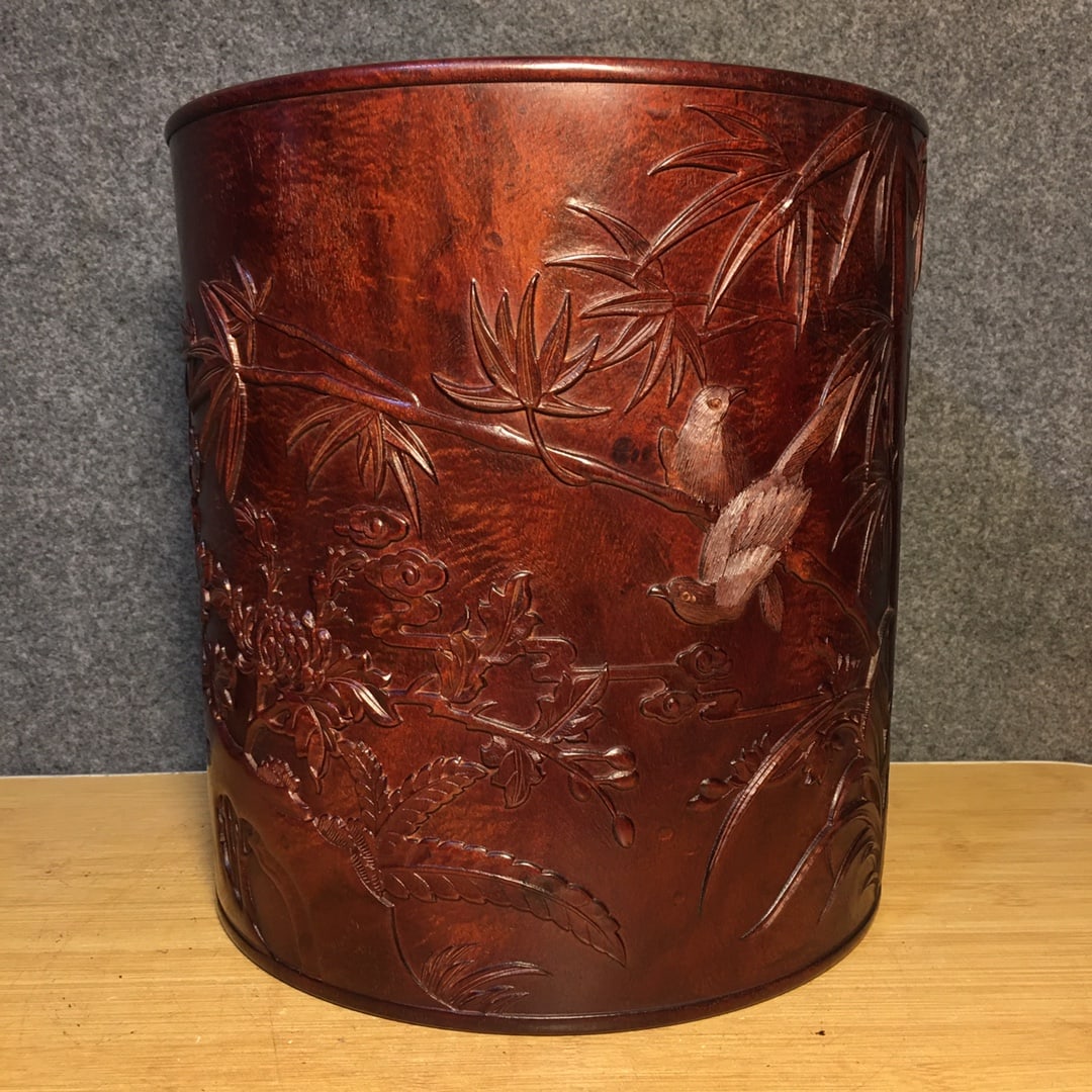 Chinese Huanghuali Wood Low Relief Flowers Bird Design Brush Pot - 2