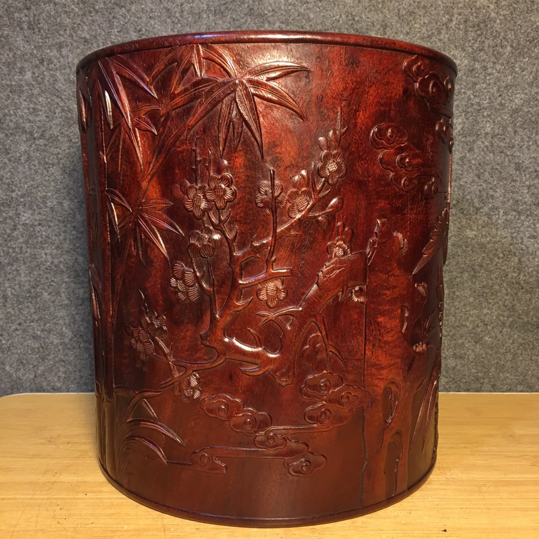 Chinese Huanghuali Wood Low Relief Flowers Bird Design Brush Pot - 5